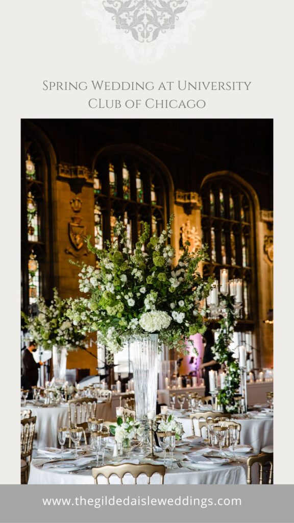 Green and white floral centerpiece at Cathedral Hall